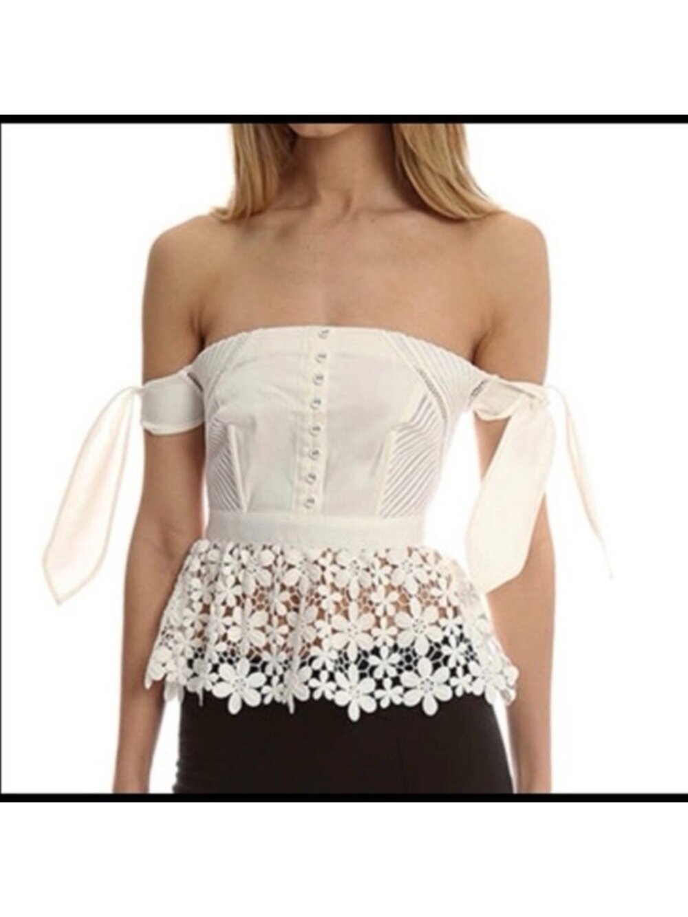 Self-Portrait White Floral Lace Blouse crochet off shoulder top with bows size 2